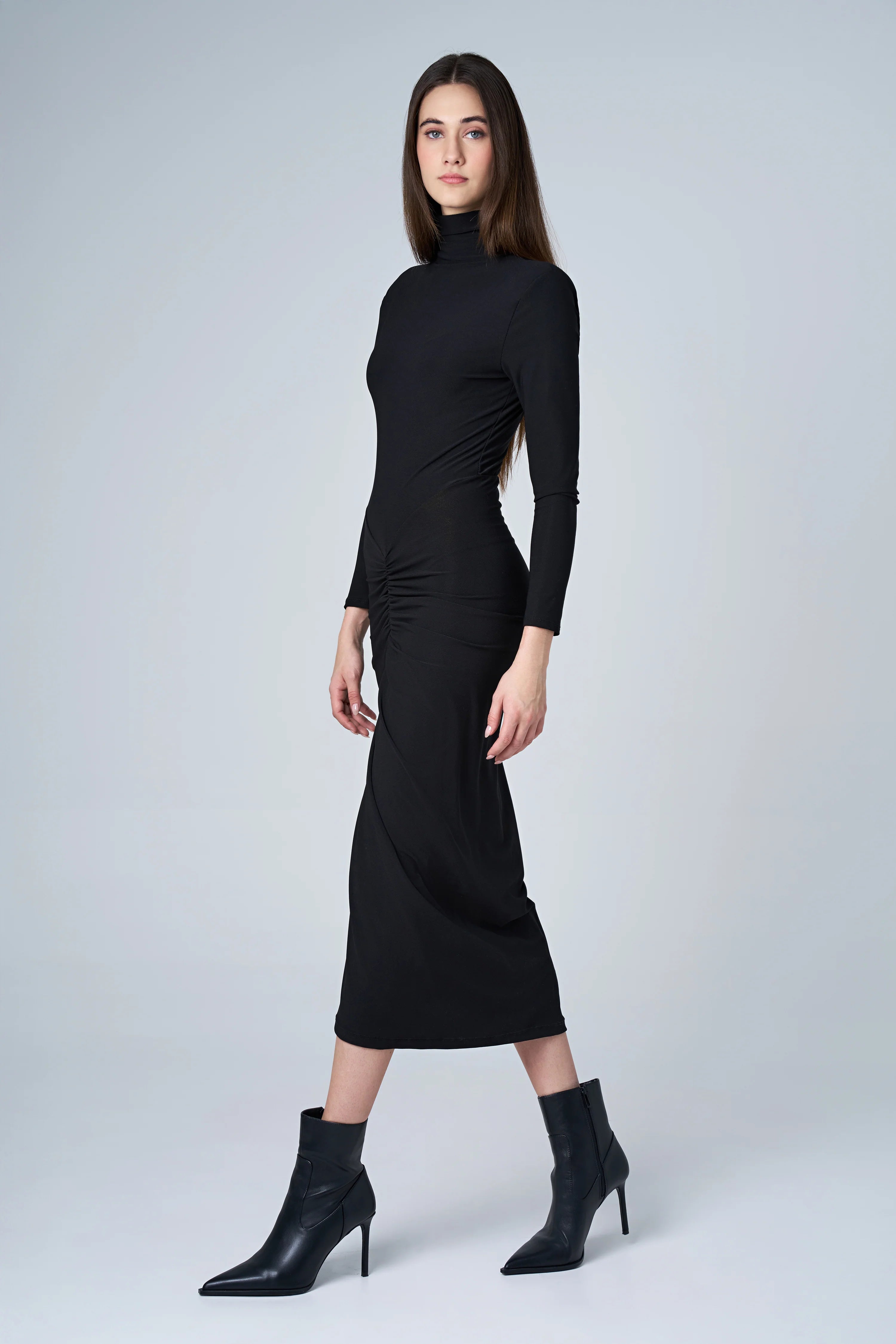 Astrid Black Ruched Front Mock Neck Maxi Dress