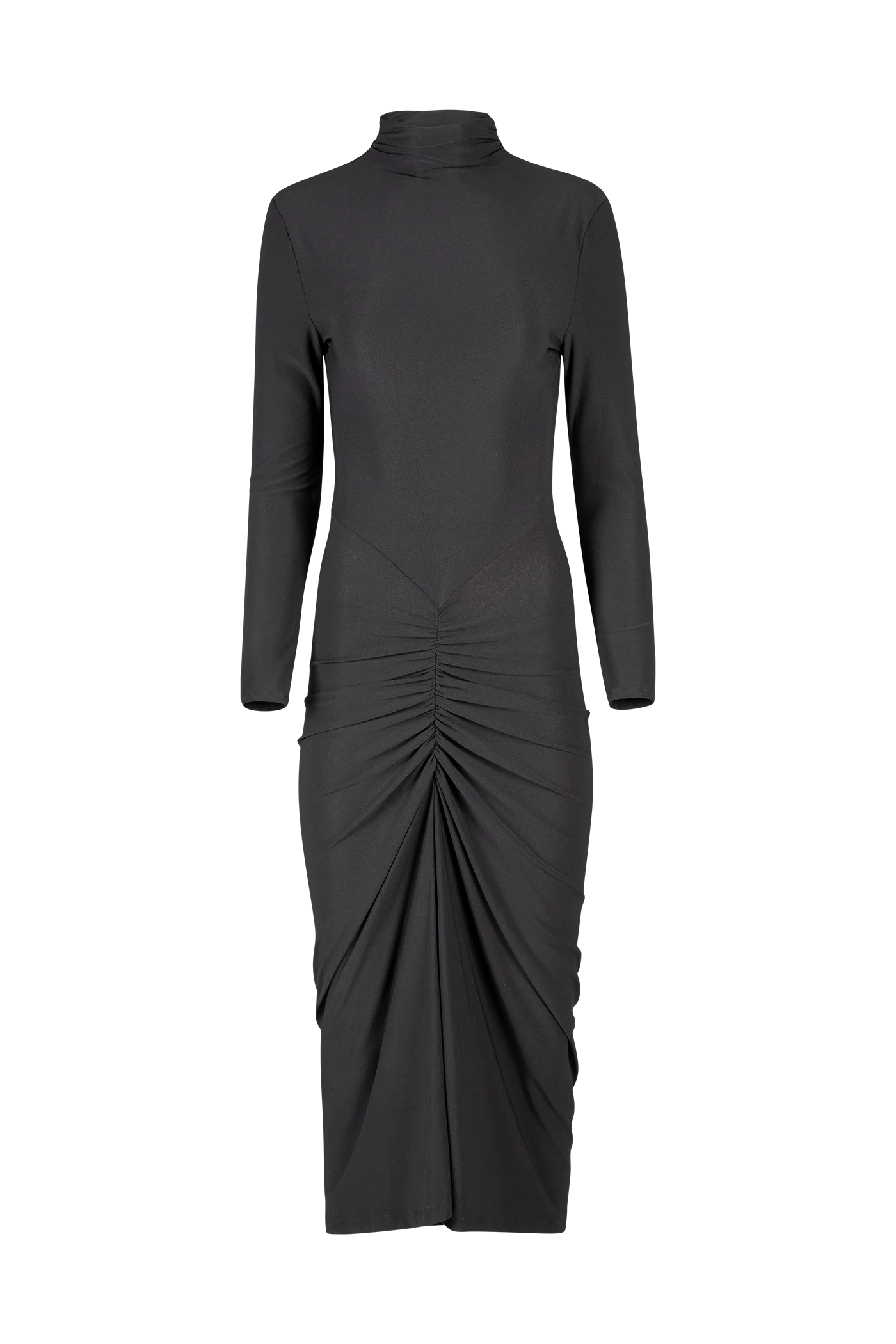 Astrid Black Ruched Front Mock Neck Maxi Dress