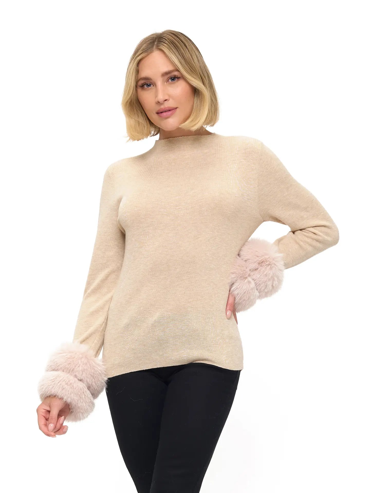 Ariella Removable Faux Fur Cuff Sweater - Oatmeal