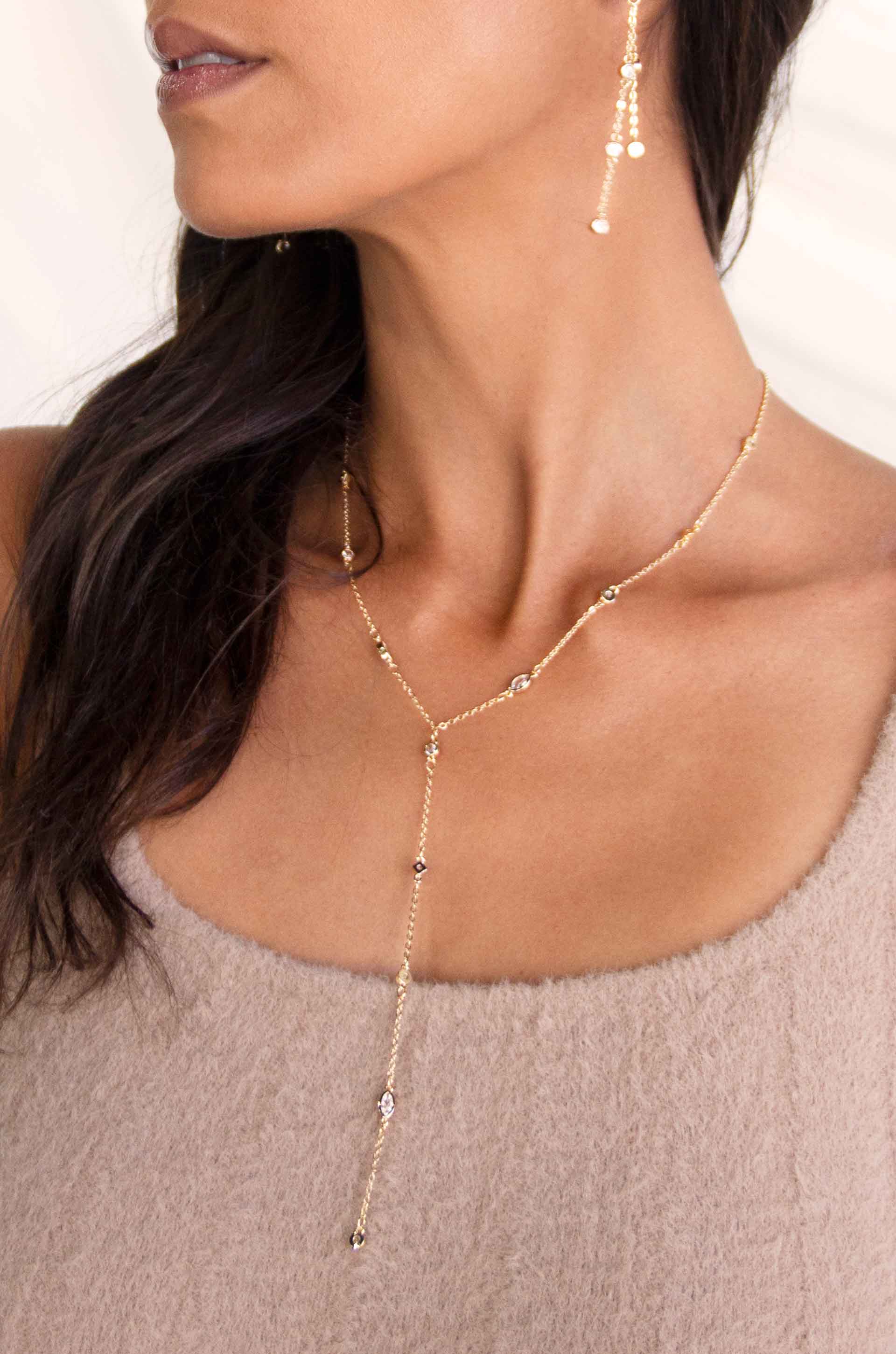 Simple Statement Crystal Dotted 18k Gold Plated Lariat Necklace