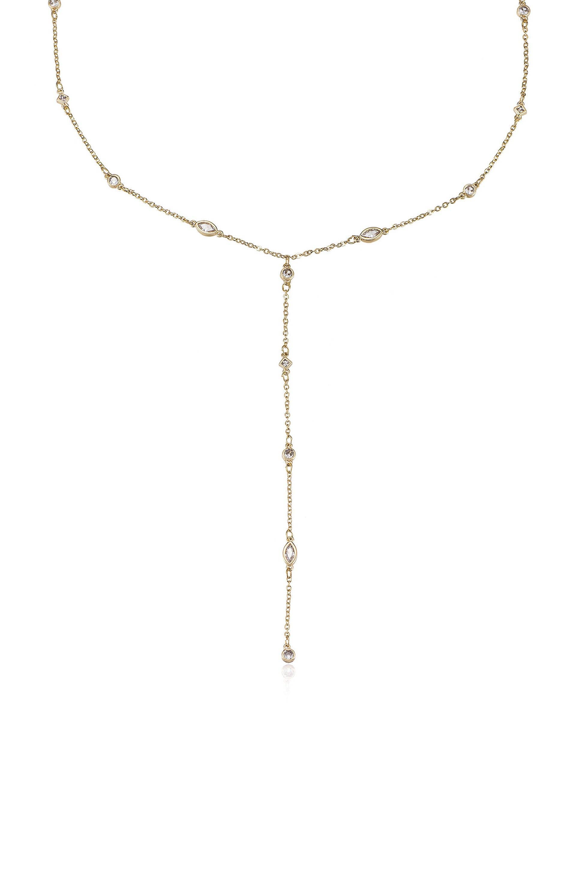 Simple Statement Crystal Dotted 18k Gold Plated Lariat Necklace