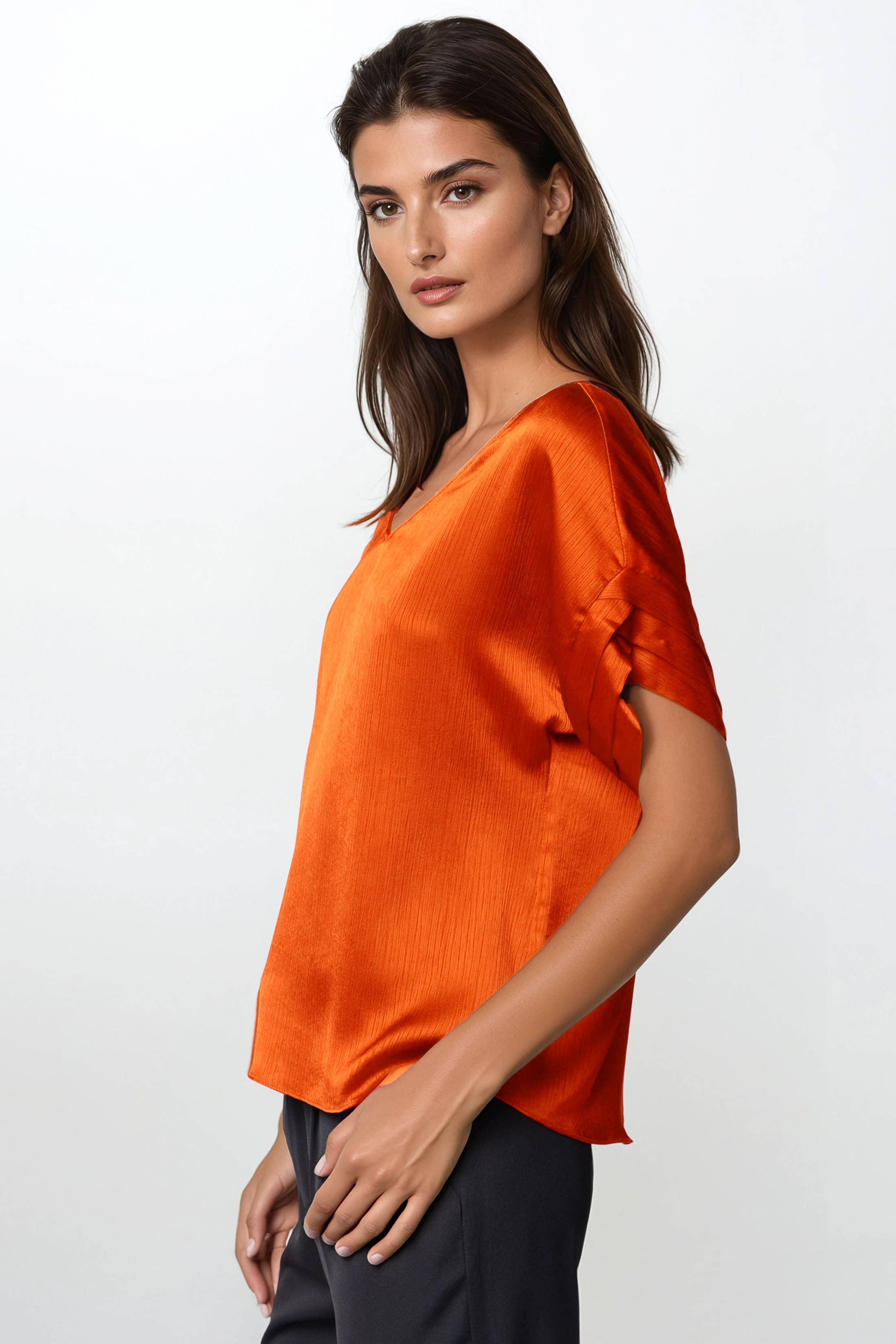 V-Neck Blouse With Bands Sleeve in Crinkle Satin