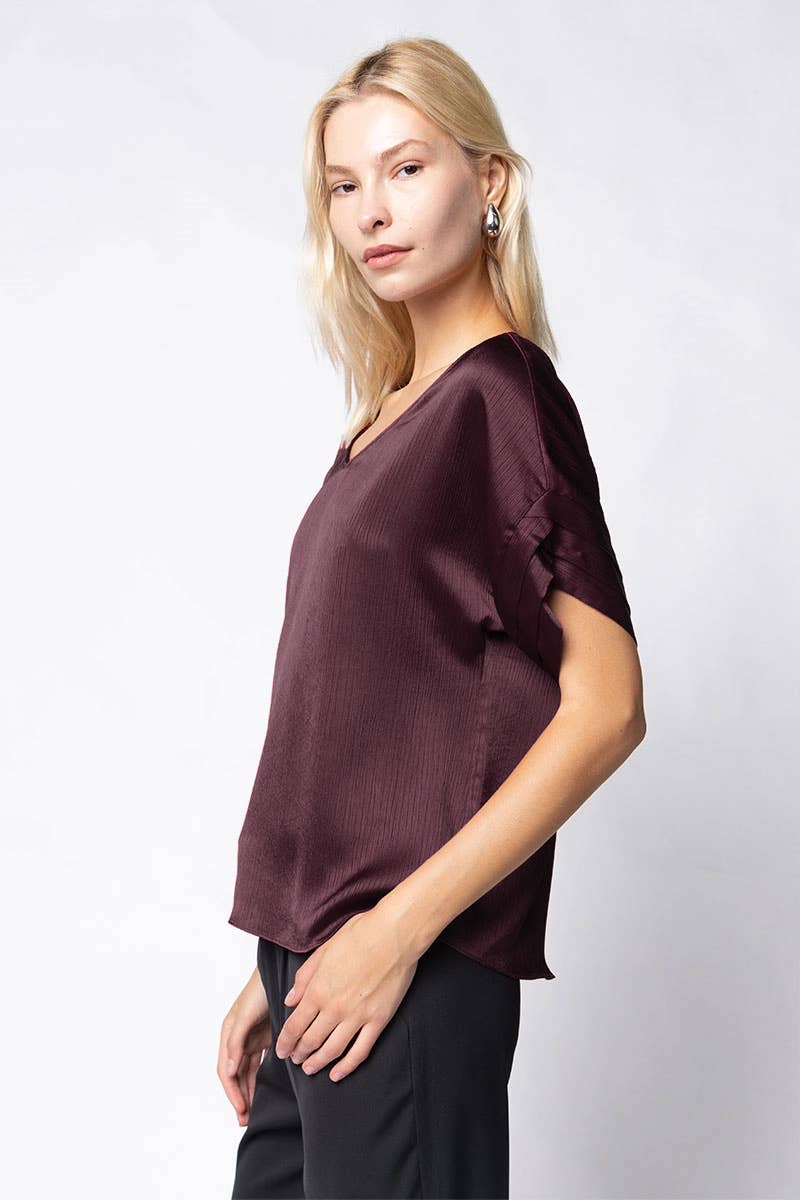 V-Neck Blouse With Bands Sleeve in Crinkle Satin
