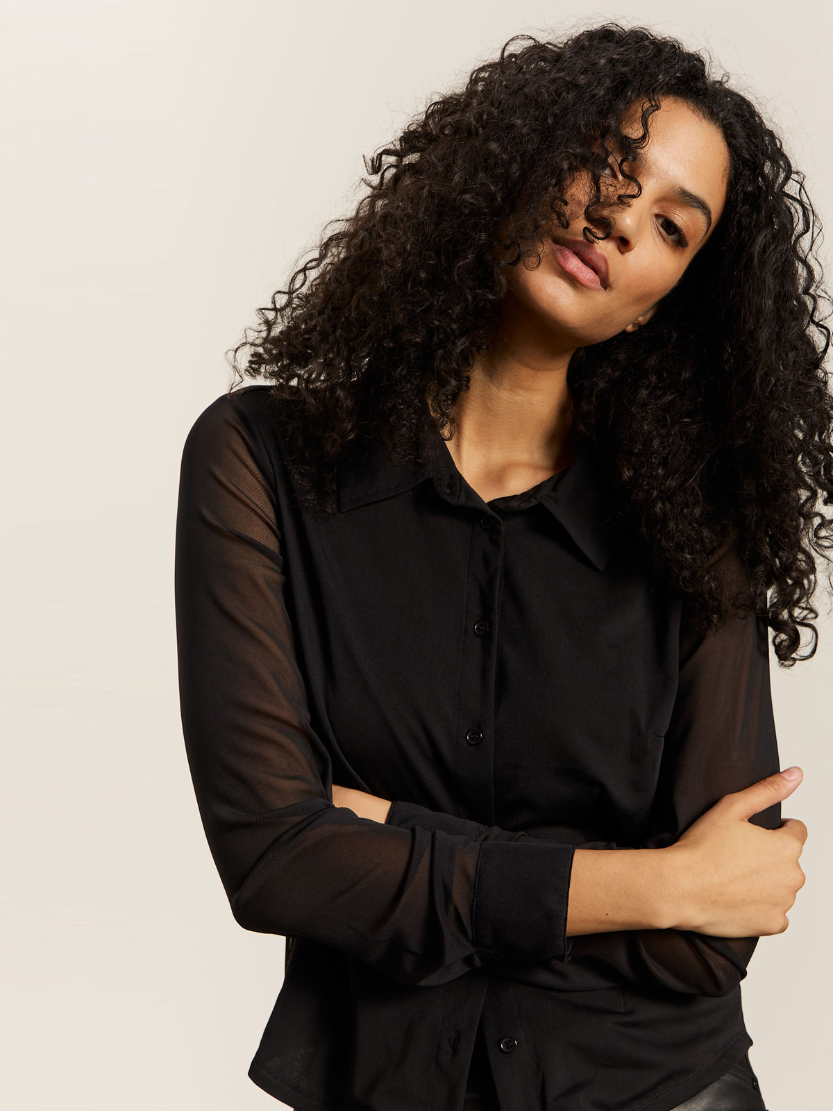Sanctuary Fitted Mesh Button Down-Black