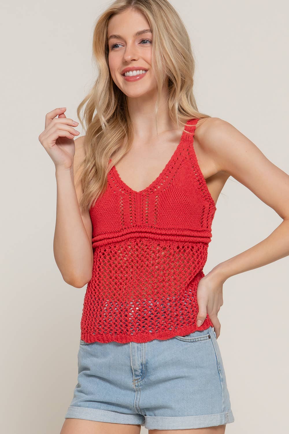 Active USA Sleeveless V-Neck Crochet Spring Sweater