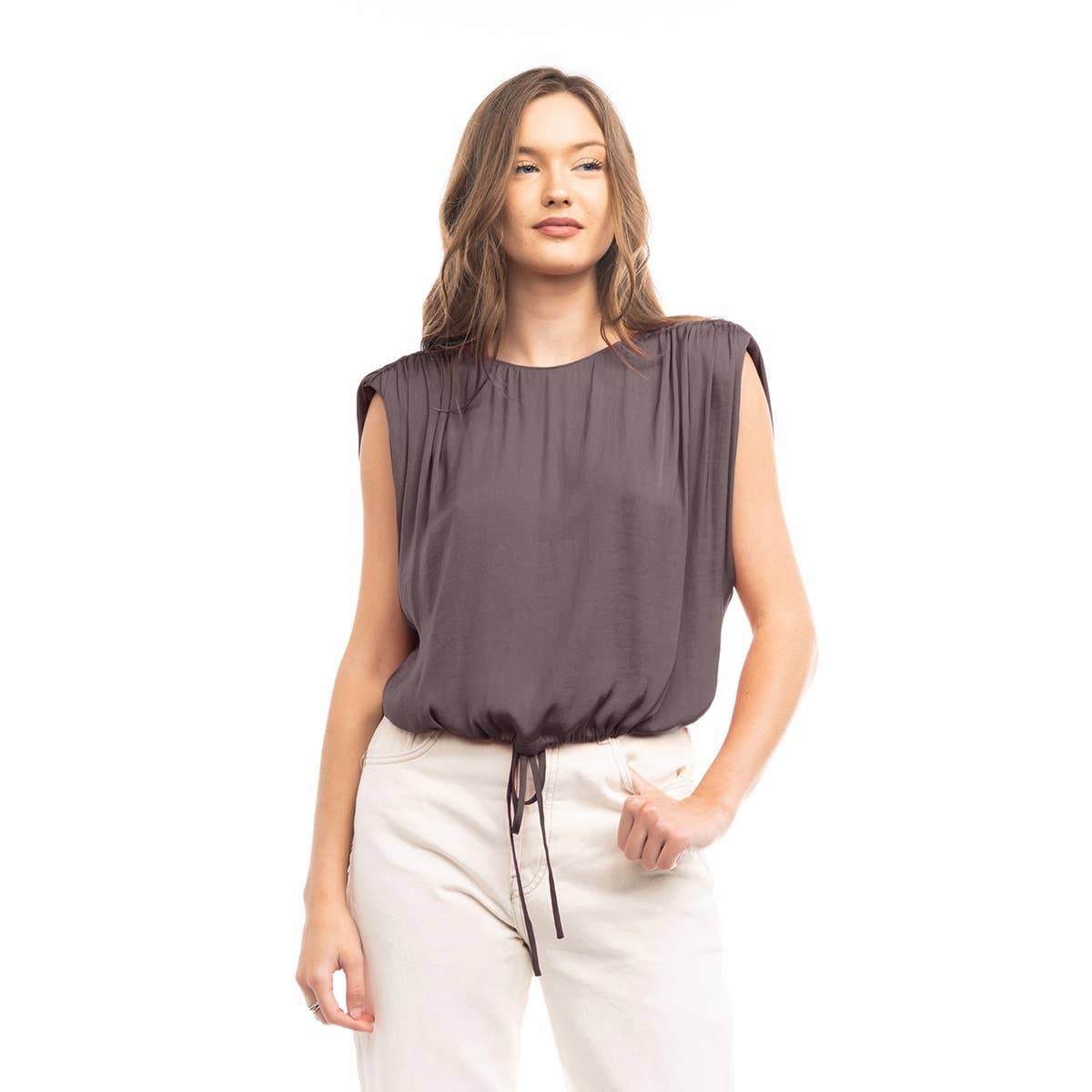 Sleeveless Shirred Shoulder Boat Neck Top
