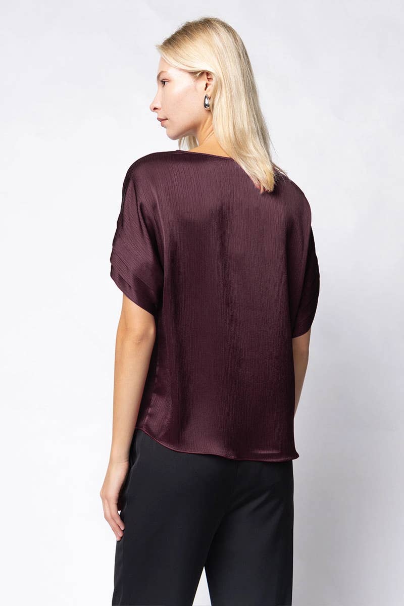 V-Neck Blouse With Bands Sleeve in Crinkle Satin