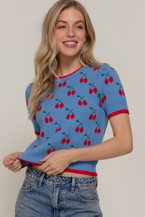 Active USA Short Sleeve Contrasting Edge Line Cherry Pattern Sweater
