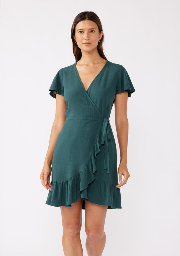 Lovestitch Teal Flutter Sleeve Wrap Mini Dress