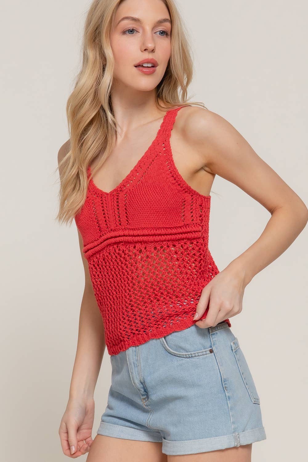 Active USA Sleeveless V-Neck Crochet Spring Sweater