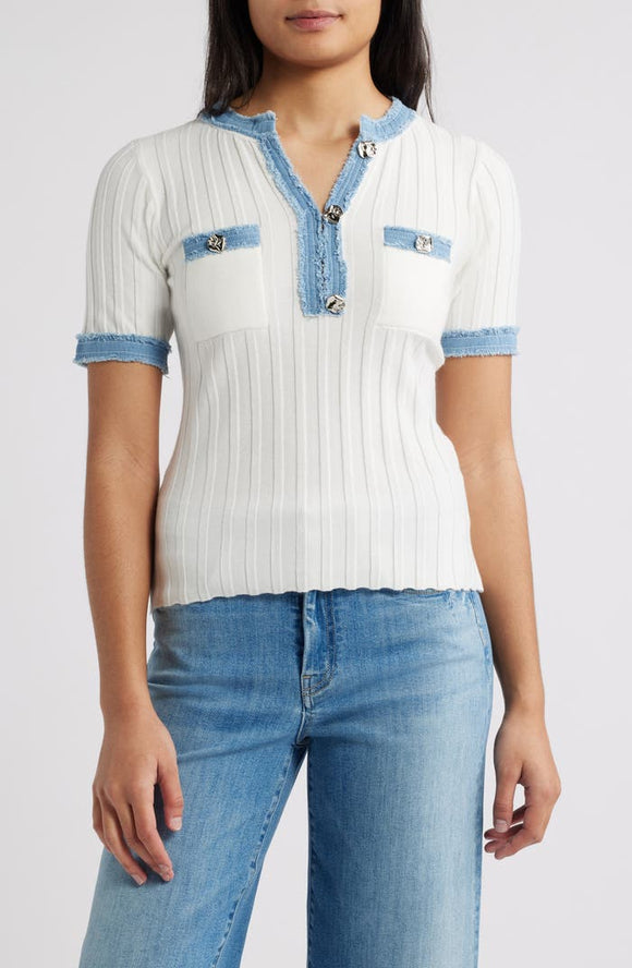 Zoe & Claire Denim Trim S/S Sweater