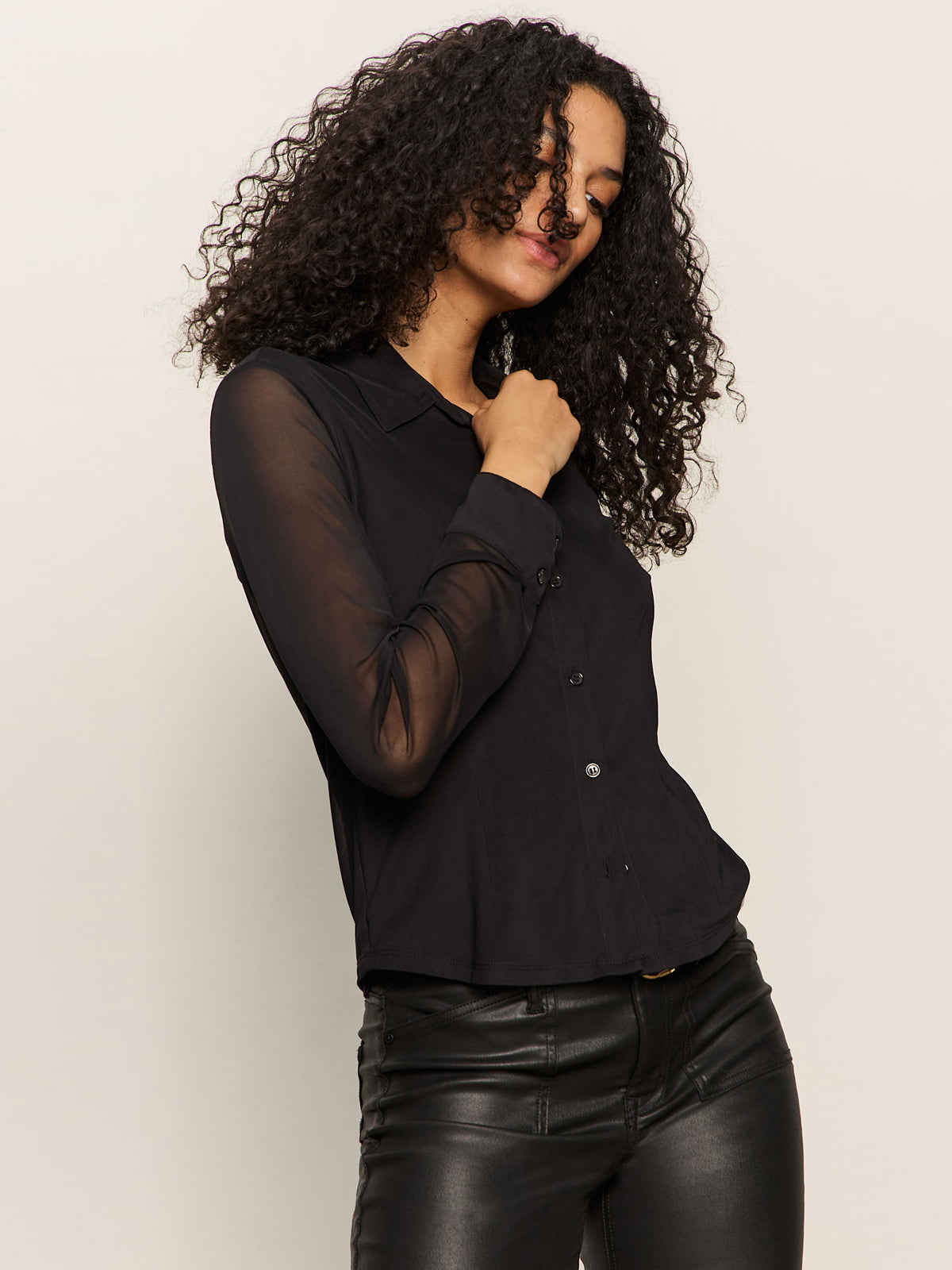 Sanctuary Fitted Mesh Button Down-Black