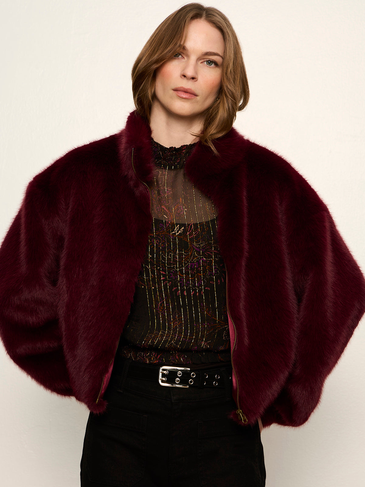Sanctuary Everest Bomber Fur Jacket - Bordeaux