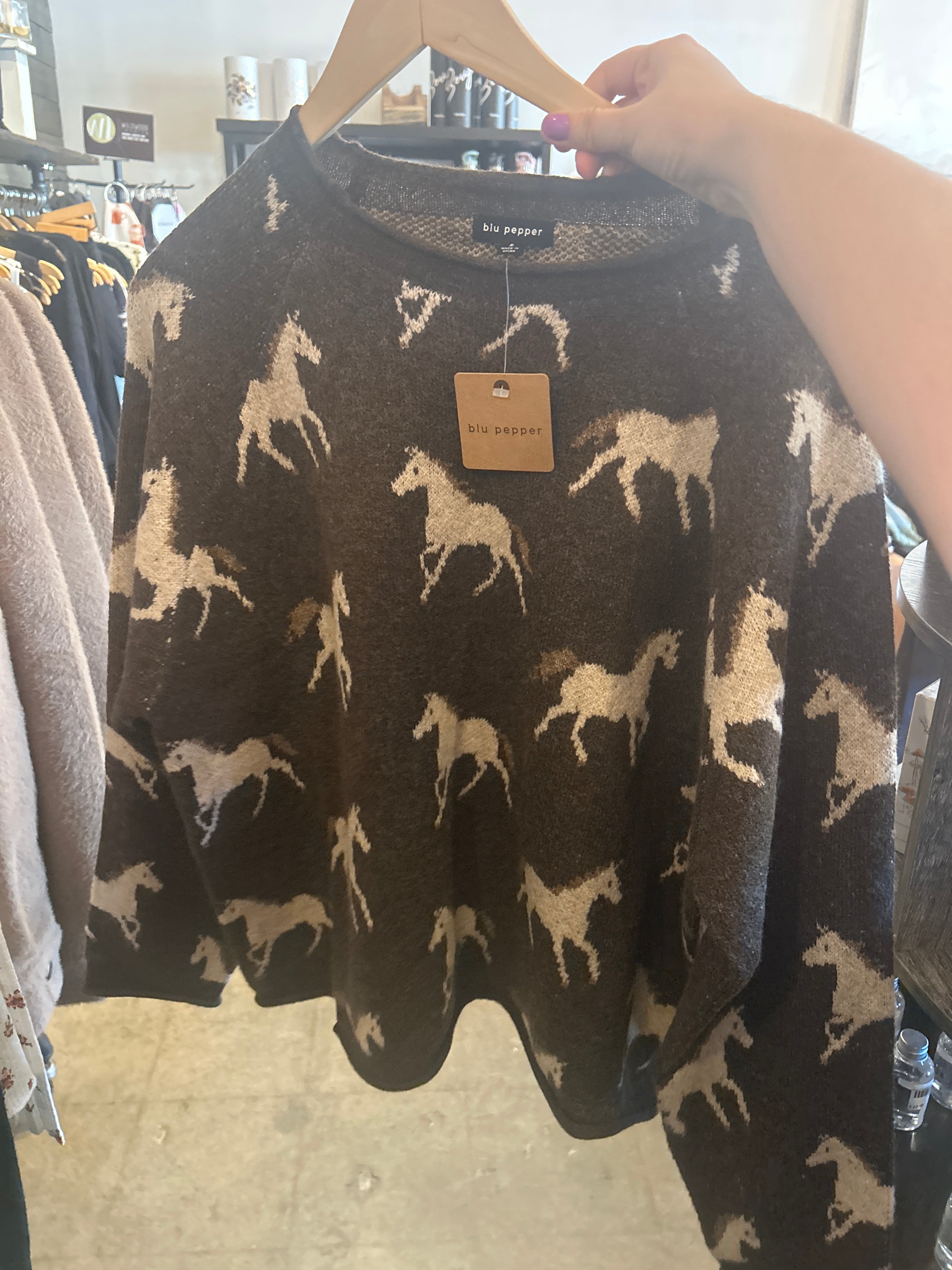 Blu Pepper Horse Jacquard Raw Trim Long Sleeve Sweater