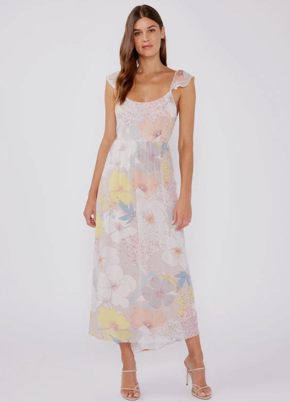 Pastel Floral Flutter Sleeve Maxi Dress