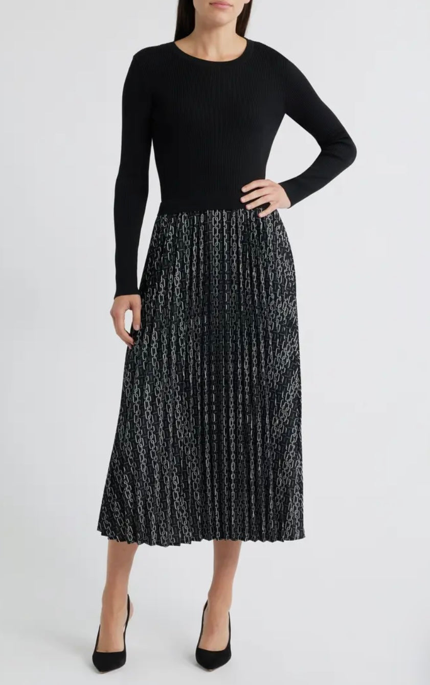 Zoe and Claire Pleated Long Sleeve Mixed Media Dress