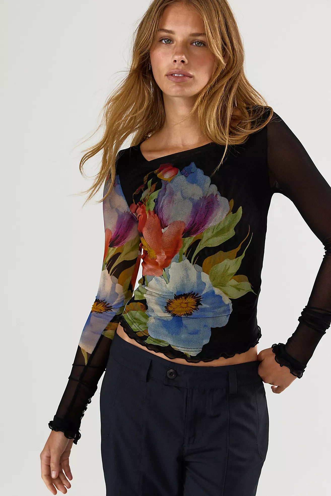 Free People Sheer Floral Top - Black