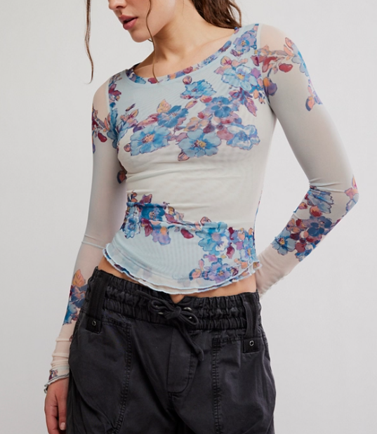 Free People Sheer Floral Top - Blue