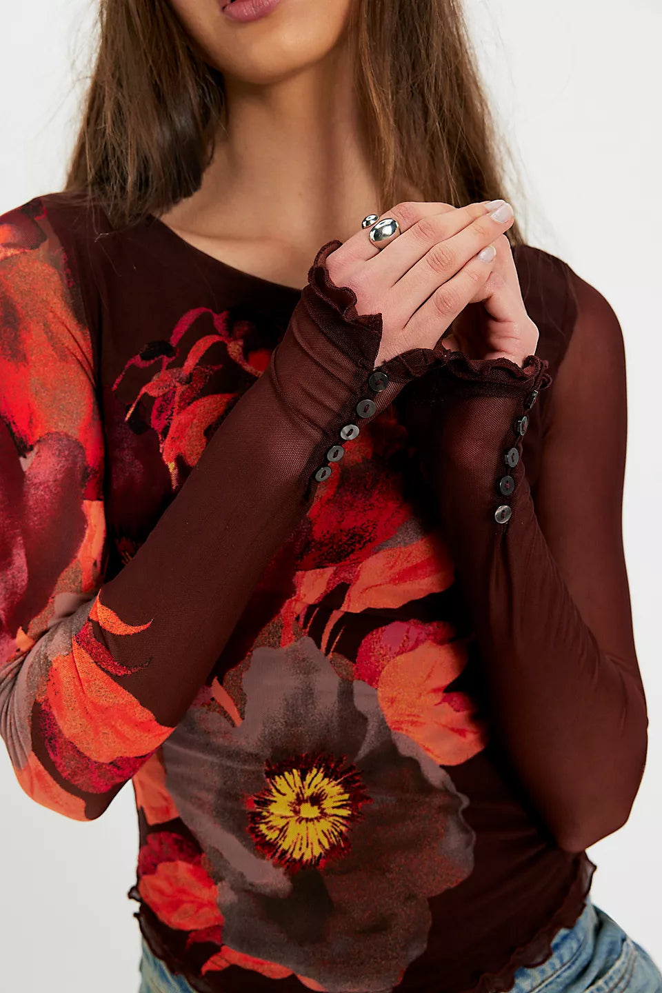 Free People Lily Printed Sheer Top - Maroon