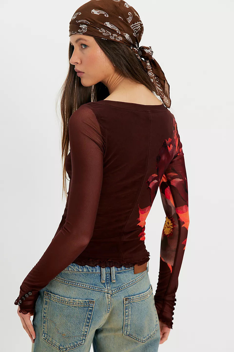 Free People Lily Printed Sheer Top - Maroon