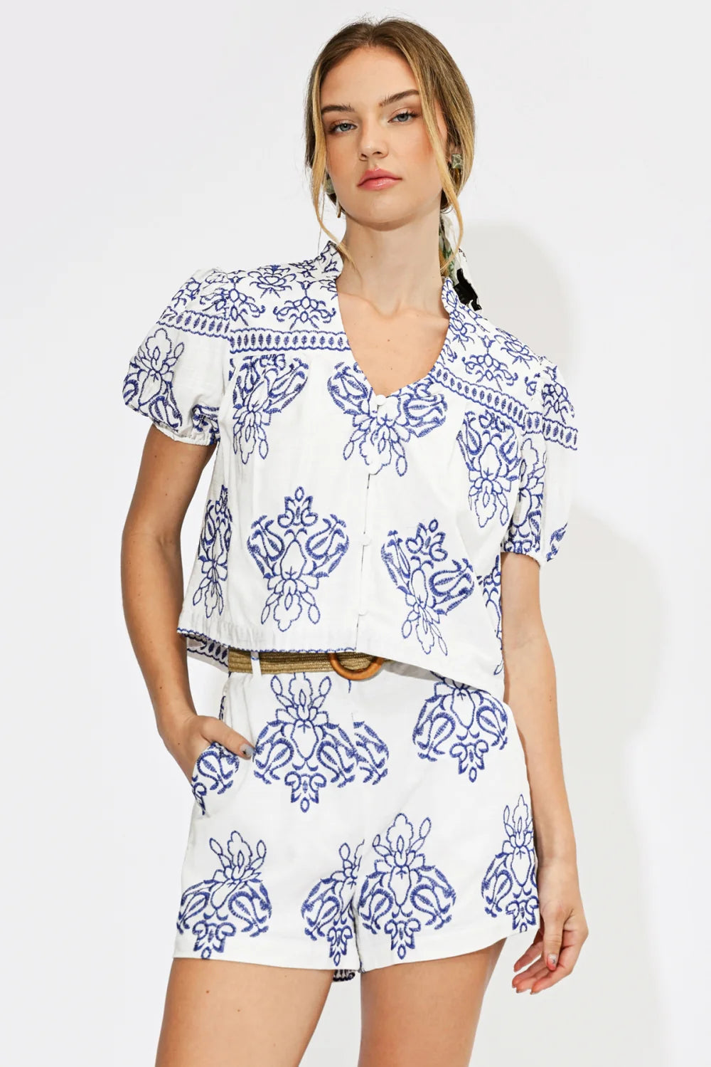 Adelyn Rae Colette Embroidered Shorts w/ Belt