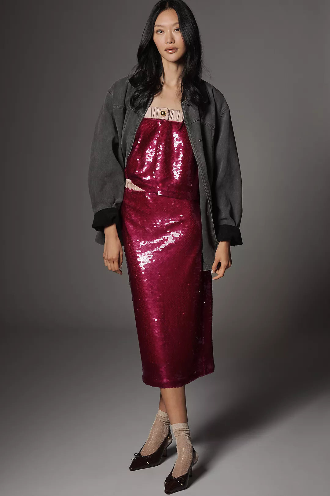 Maude Club Sequin Satin Combo Midi Pencil Skirt