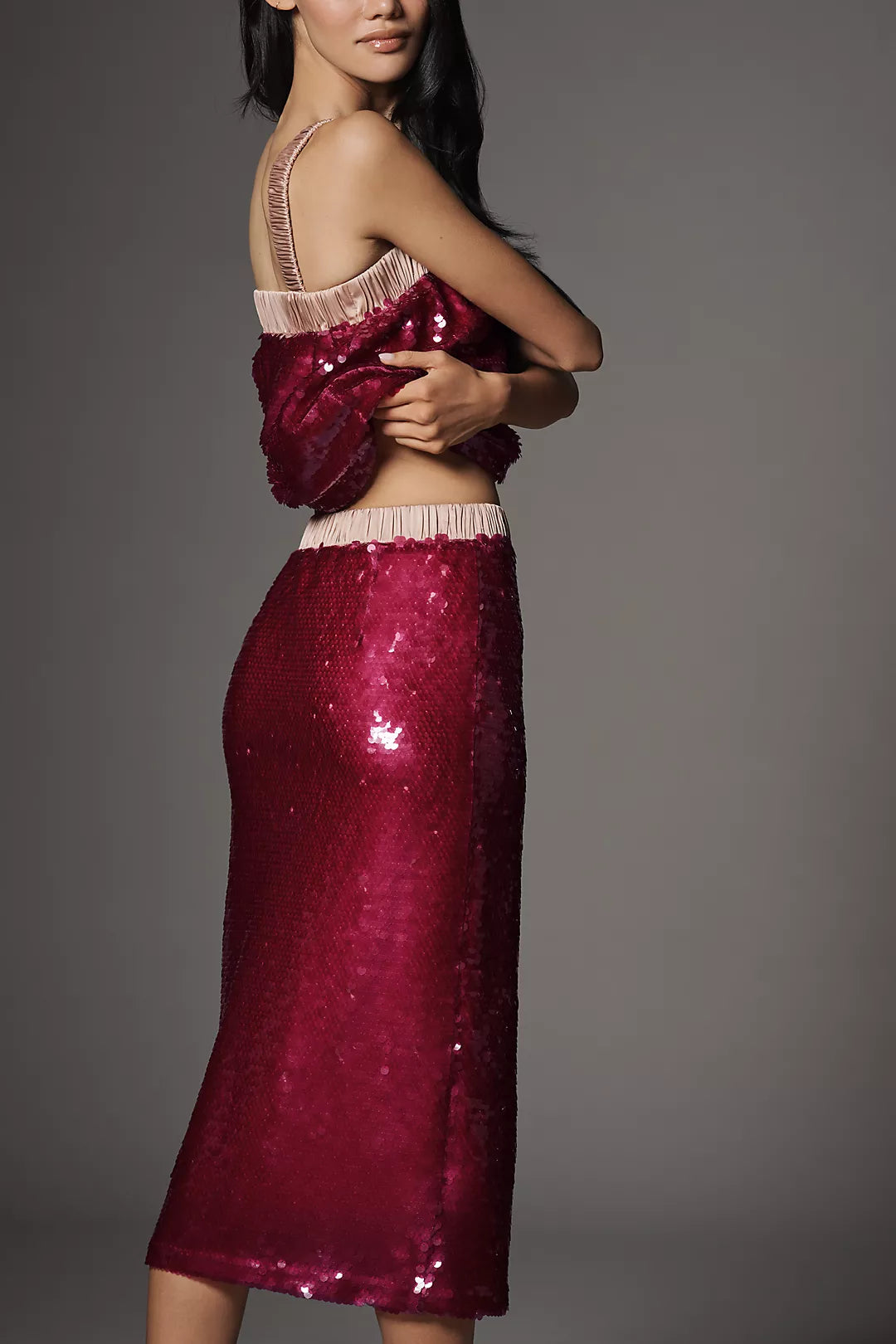 Maude Club Sequin Satin Combo Midi Pencil Skirt