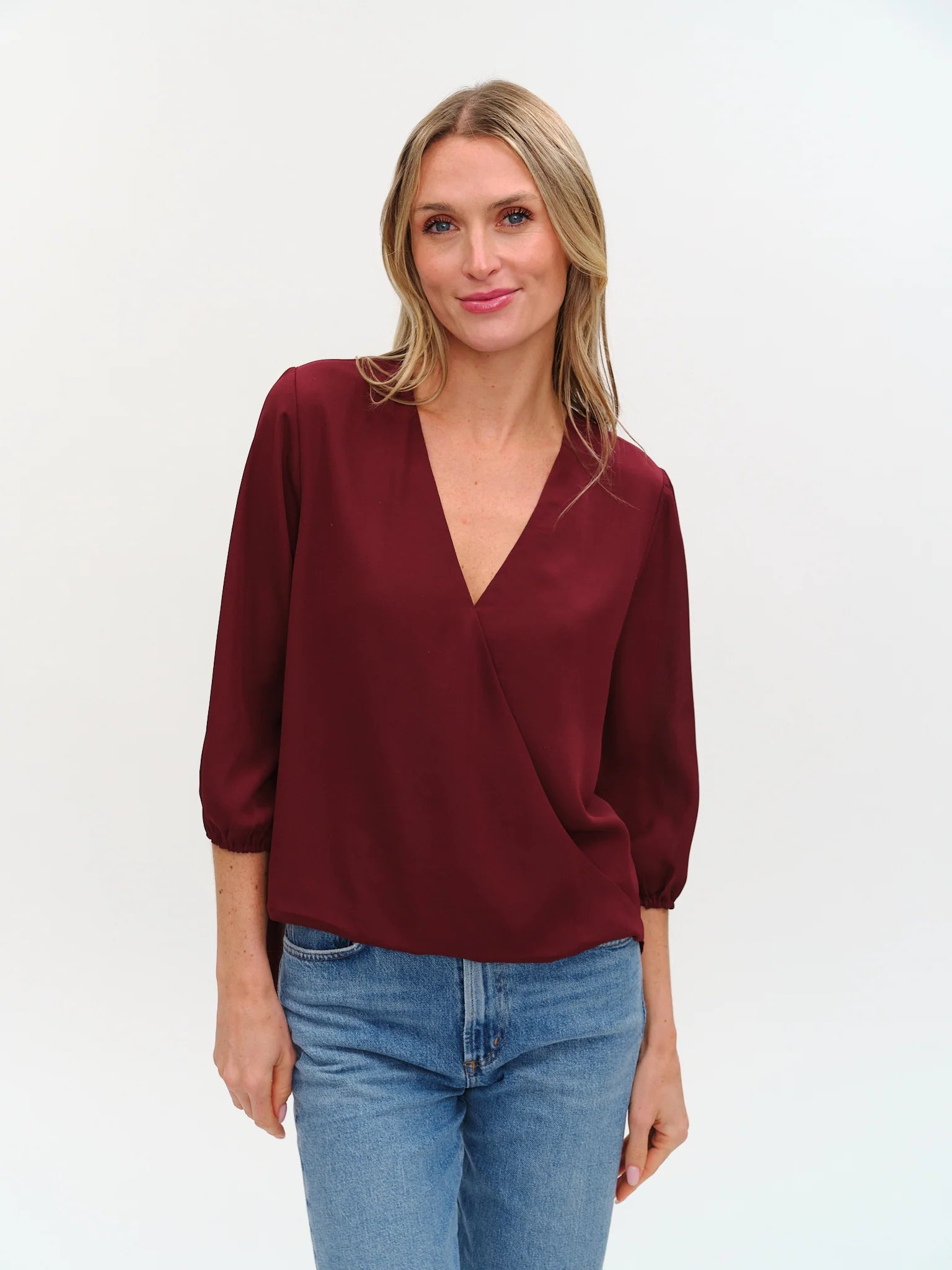 Six Fifty Vanessa 3/4 Sleeve Surplus Blouse - Burgundy