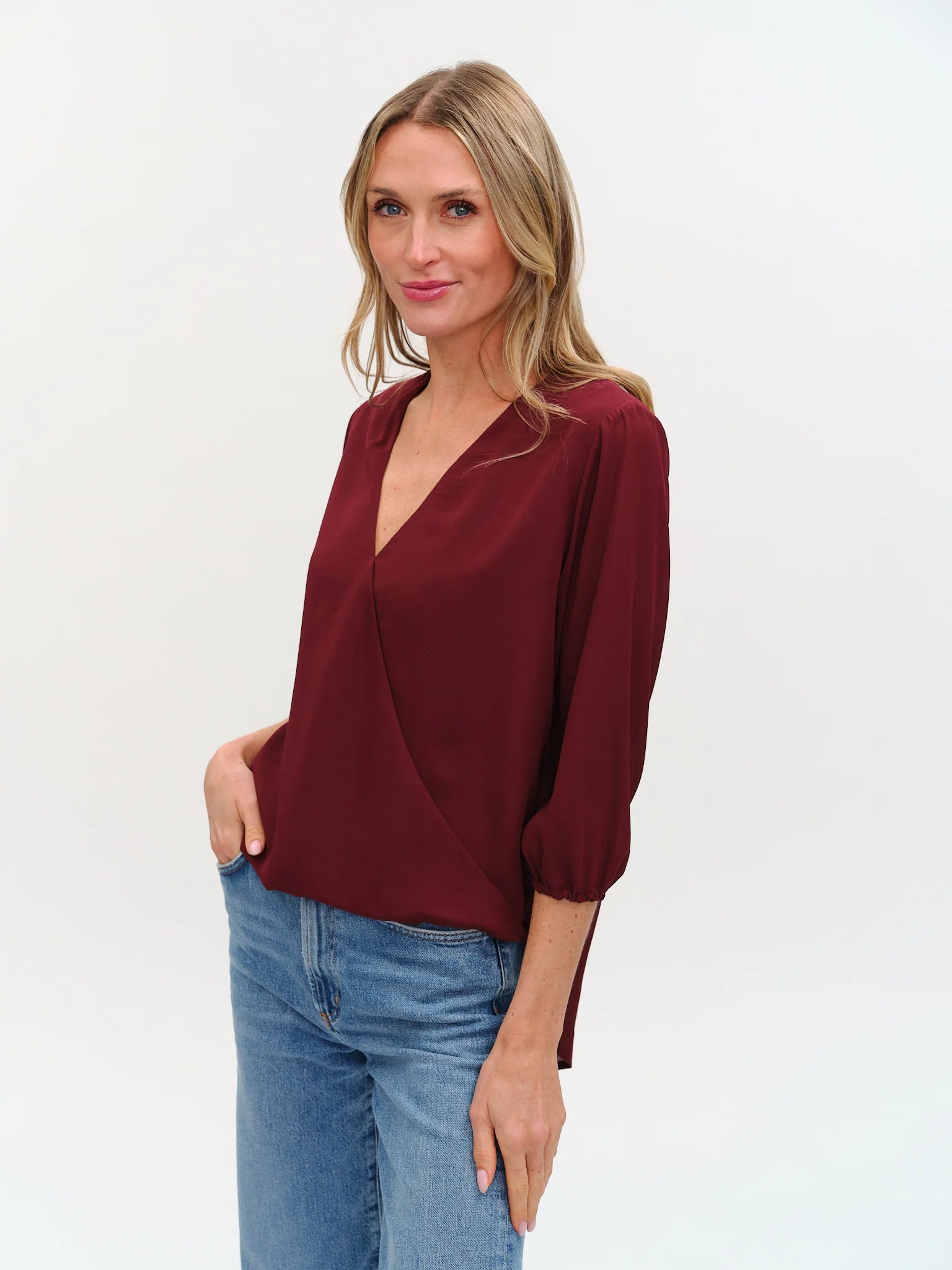 Six Fifty Vanessa 3/4 Sleeve Surplus Blouse - Burgundy