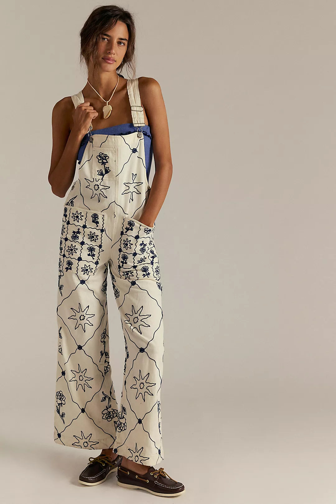 Free People Embroidered White Overalls