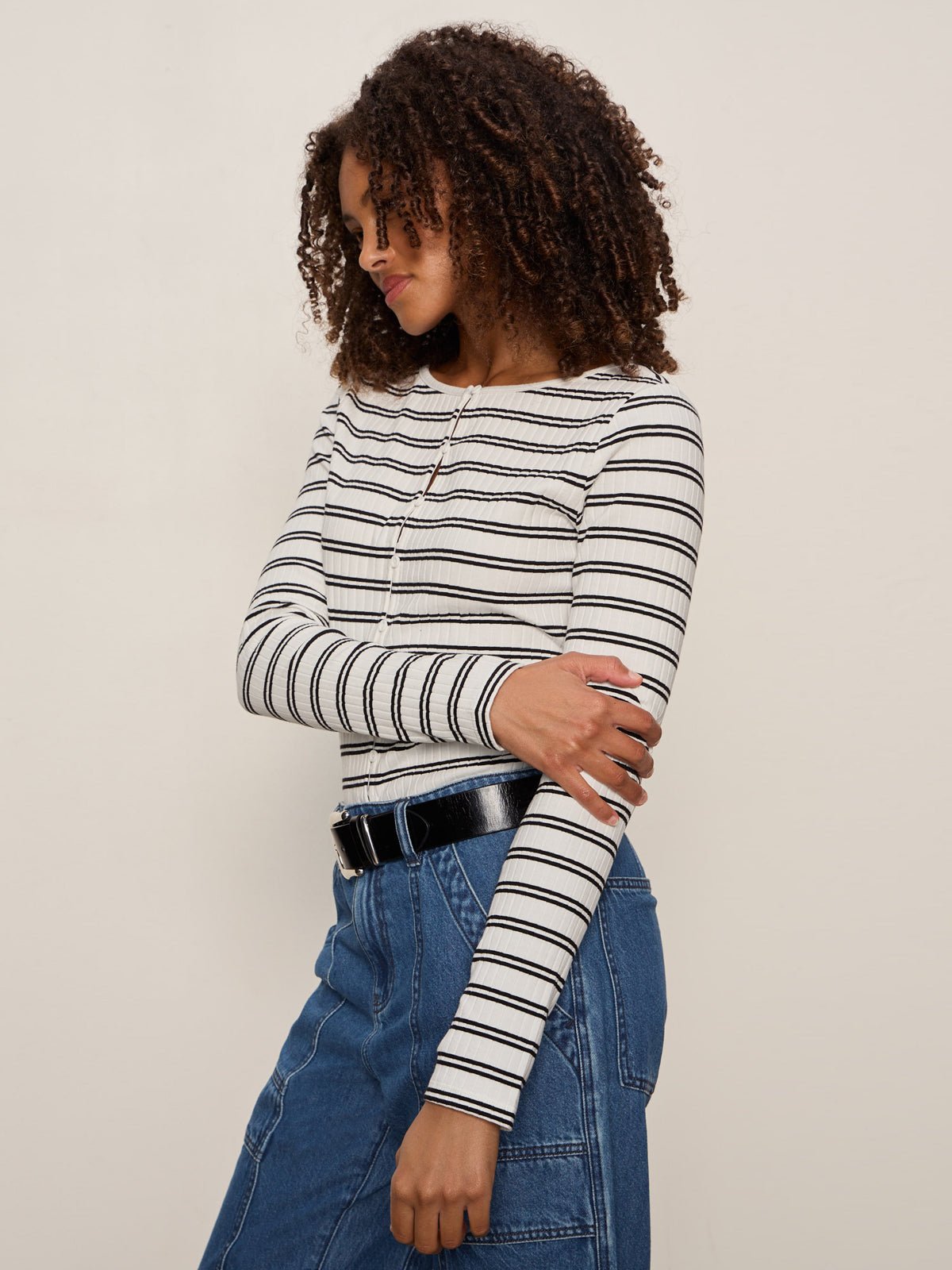 Sanctuary Button Front Ribbed Stripe Top