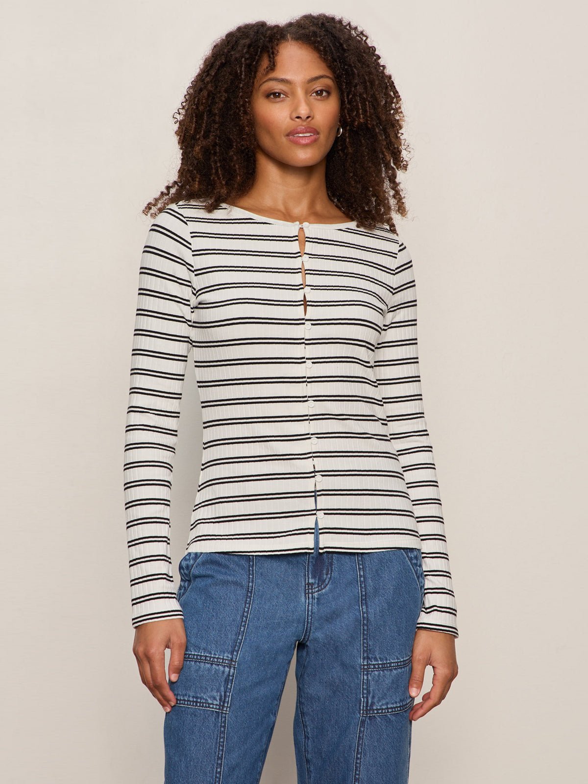Sanctuary Button Front Ribbed Stripe Top