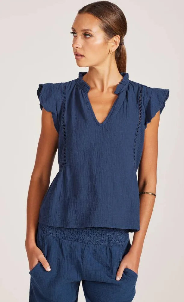 Bobi Flutter Sleeve Split Neck Top