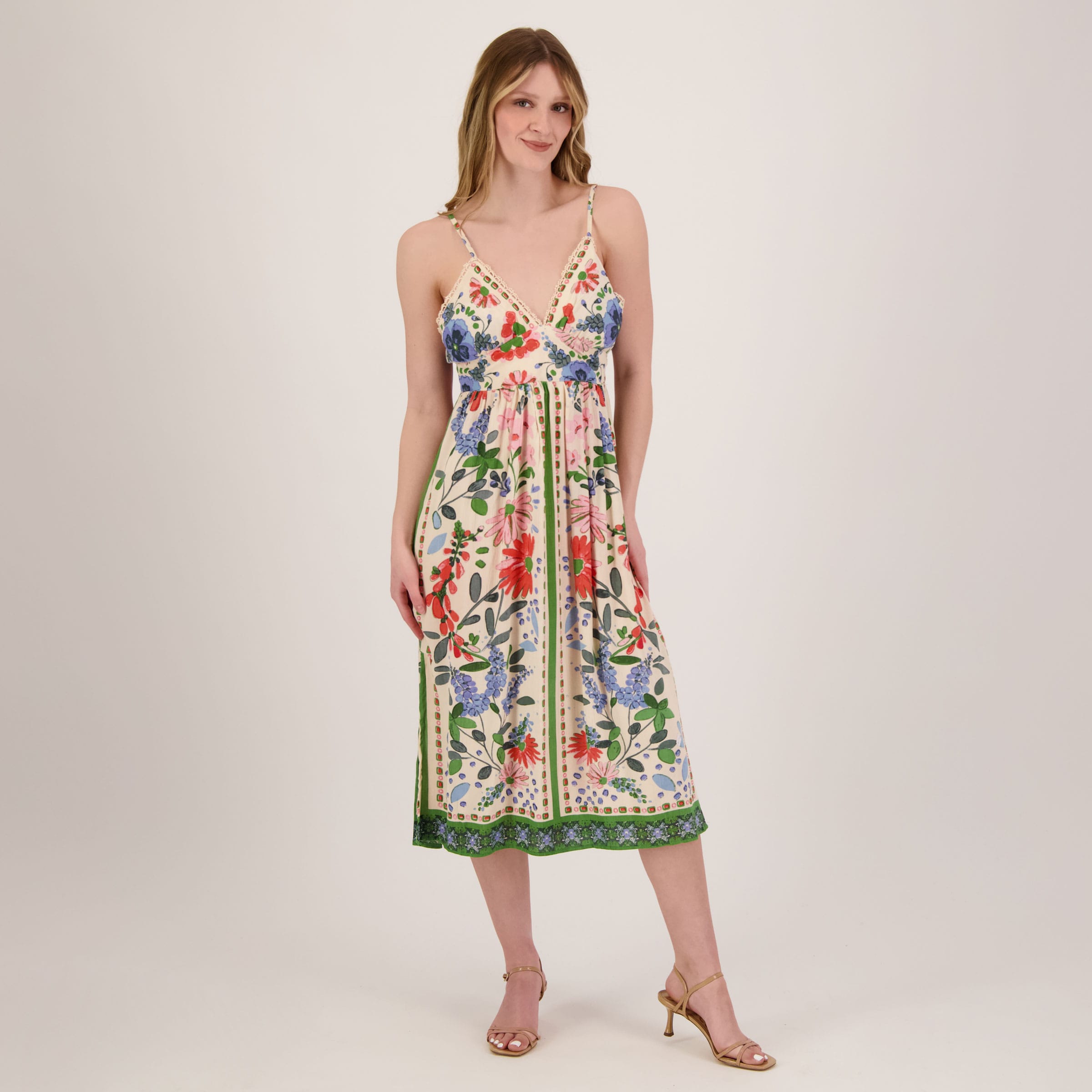 Angie V-Neck Dress w/ Side Slits and Lace Details