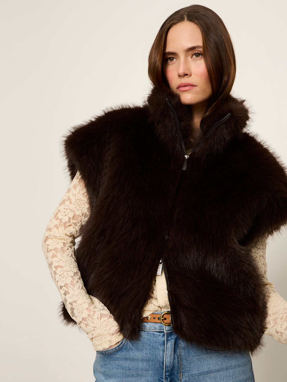 Sanctuary Silky Fur Vest - Espresso Martini