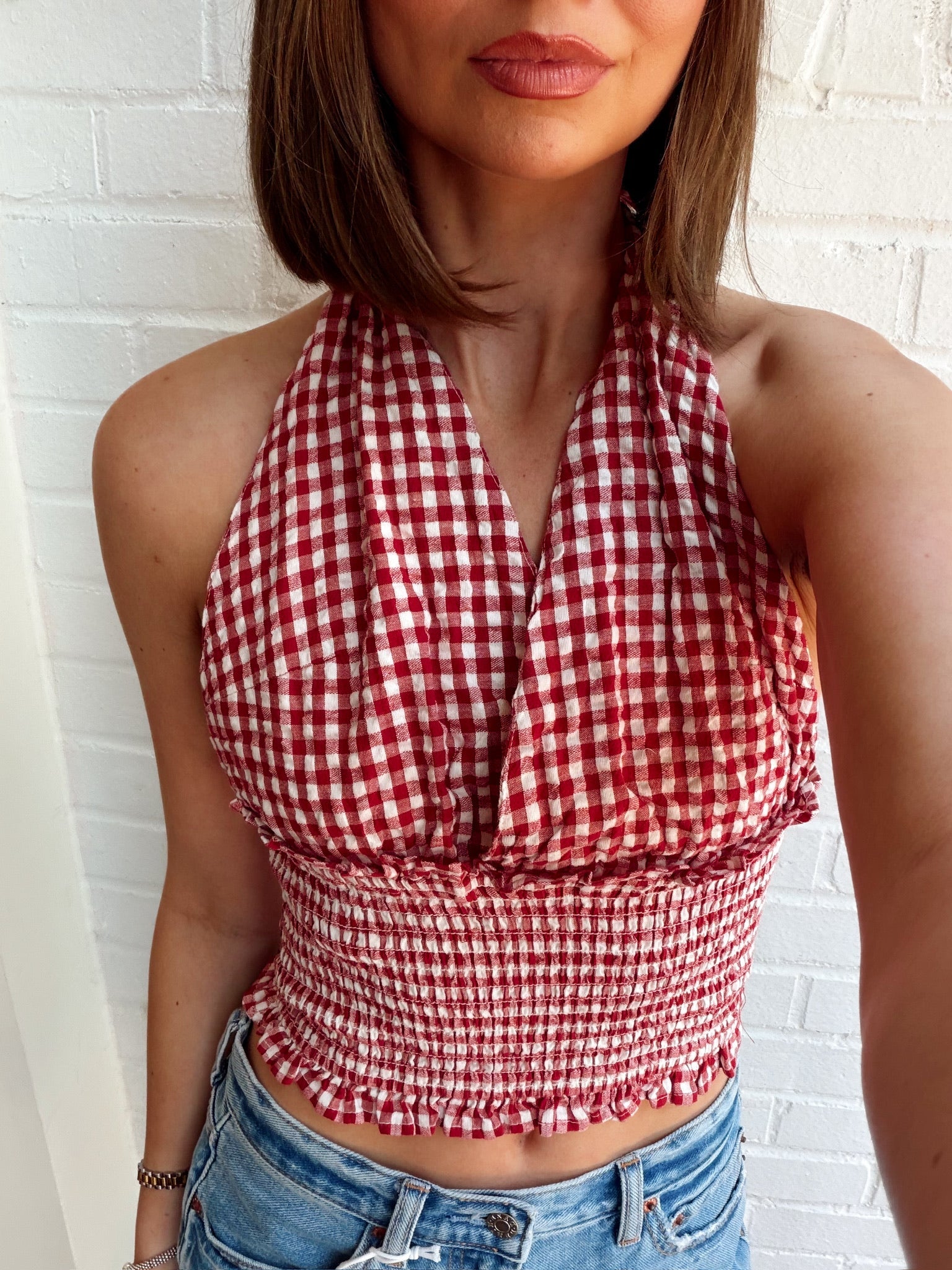 Vintage Havana Cherry Gingham Smocked Waist Halter Top