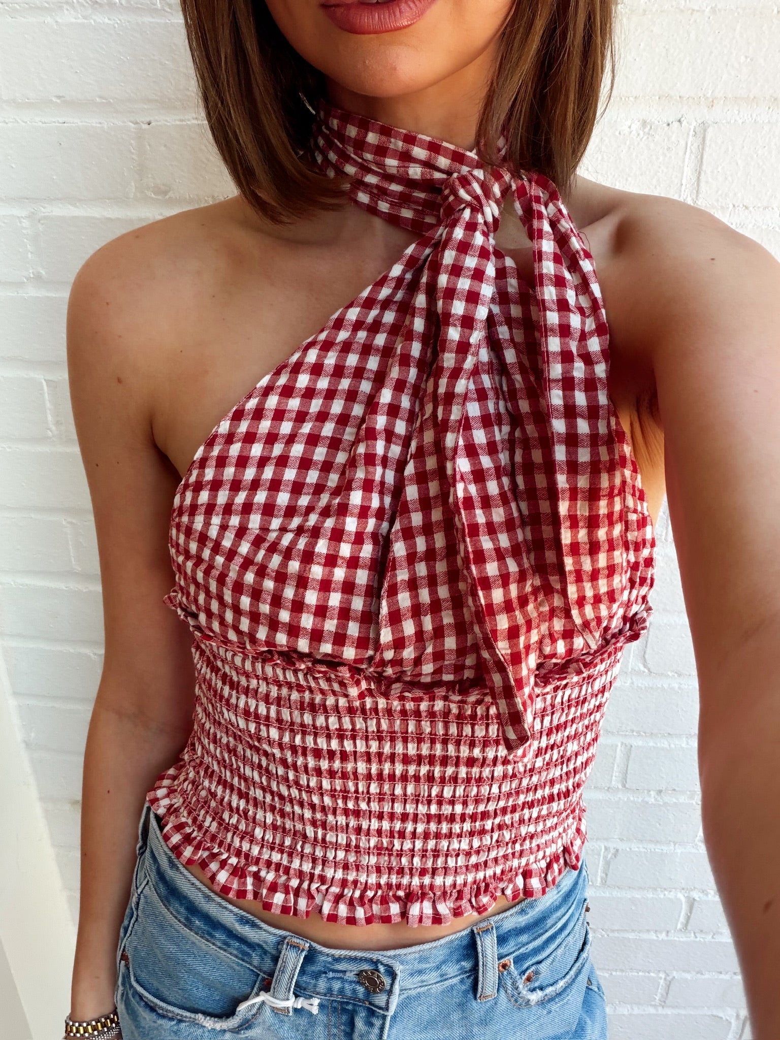 Vintage Havana Cherry Gingham Smocked Waist Halter Top