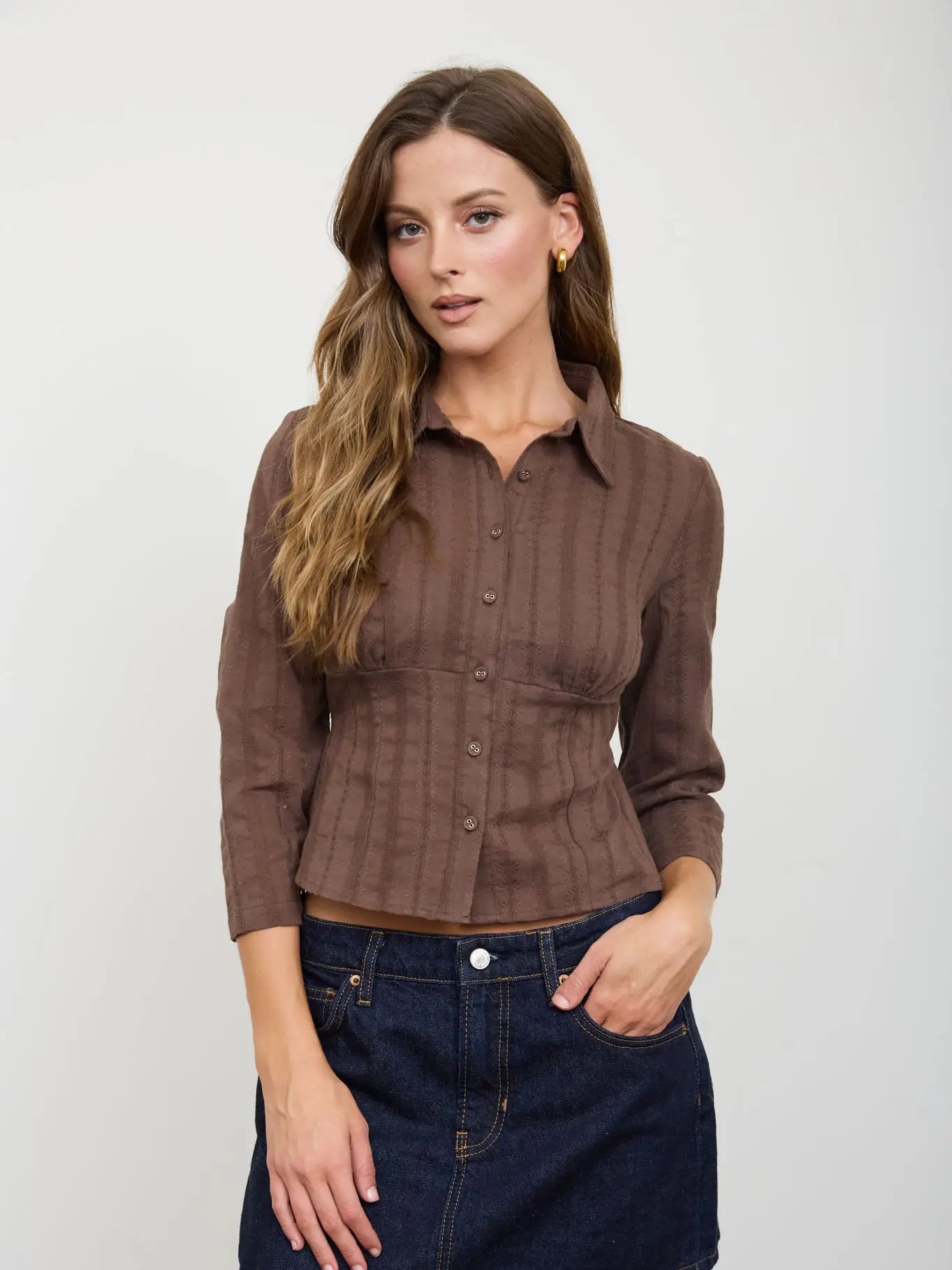 Blu Pepper Stripe Collared Long Sleeve Empire Waist Top