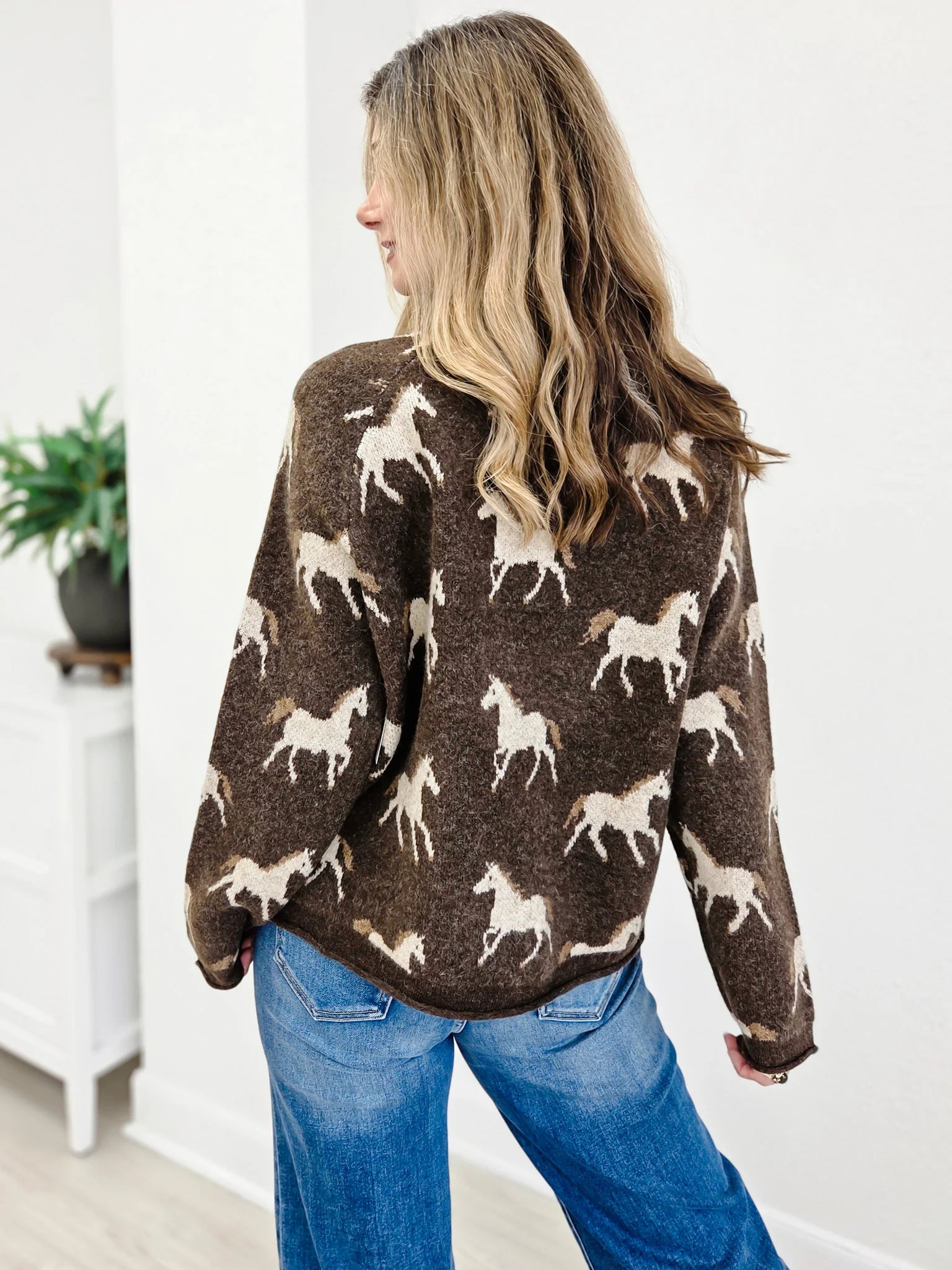 Blu Pepper Horse Jacquard Raw Trim Long Sleeve Sweater