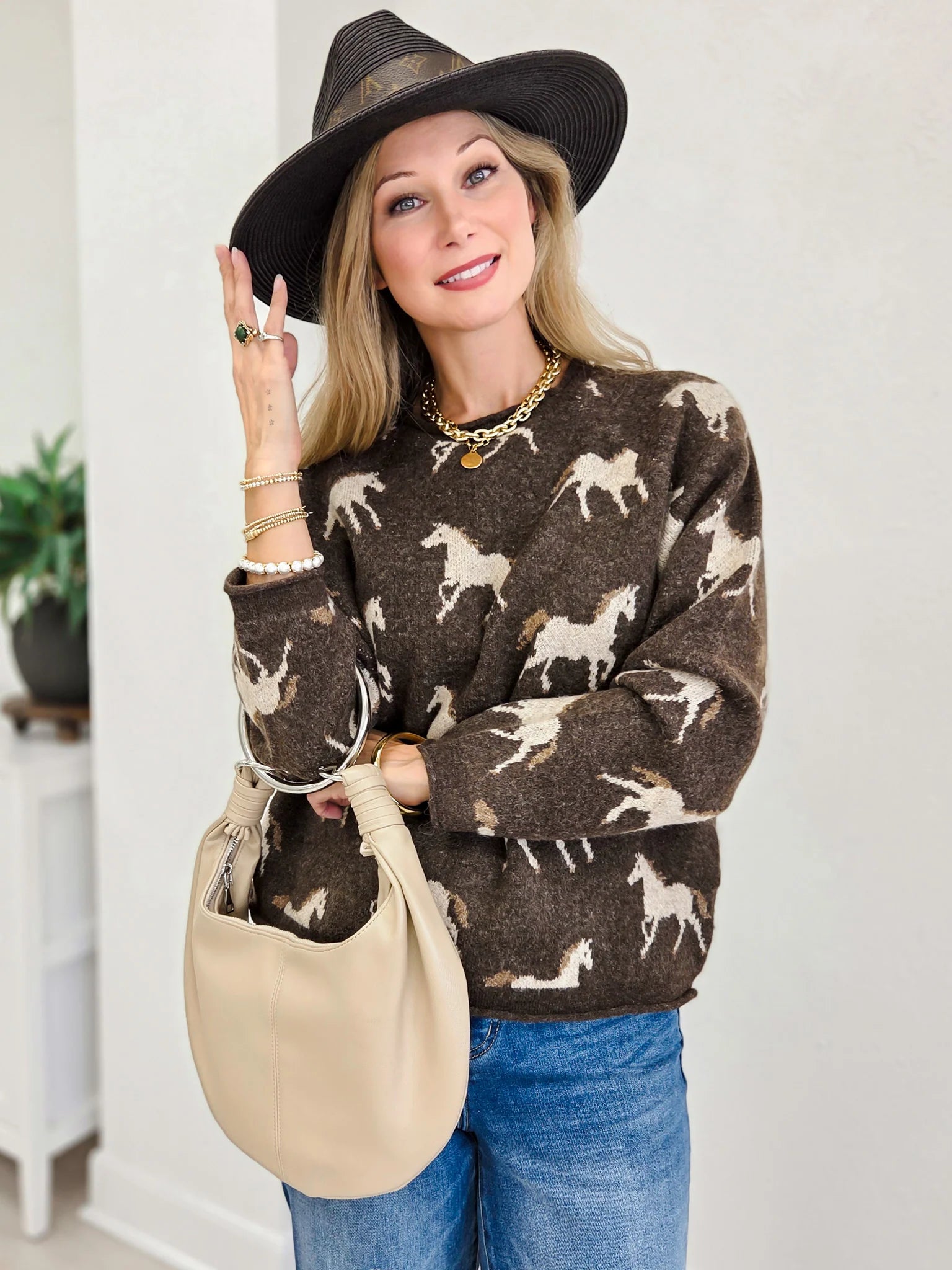 Blu Pepper Horse Jacquard Raw Trim Long Sleeve Sweater