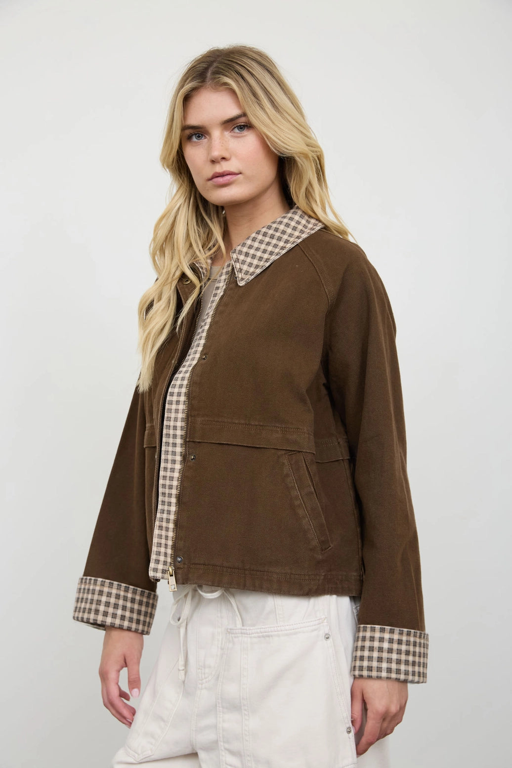 Blu Pepper Gingham Collar Contrast Button Jacket