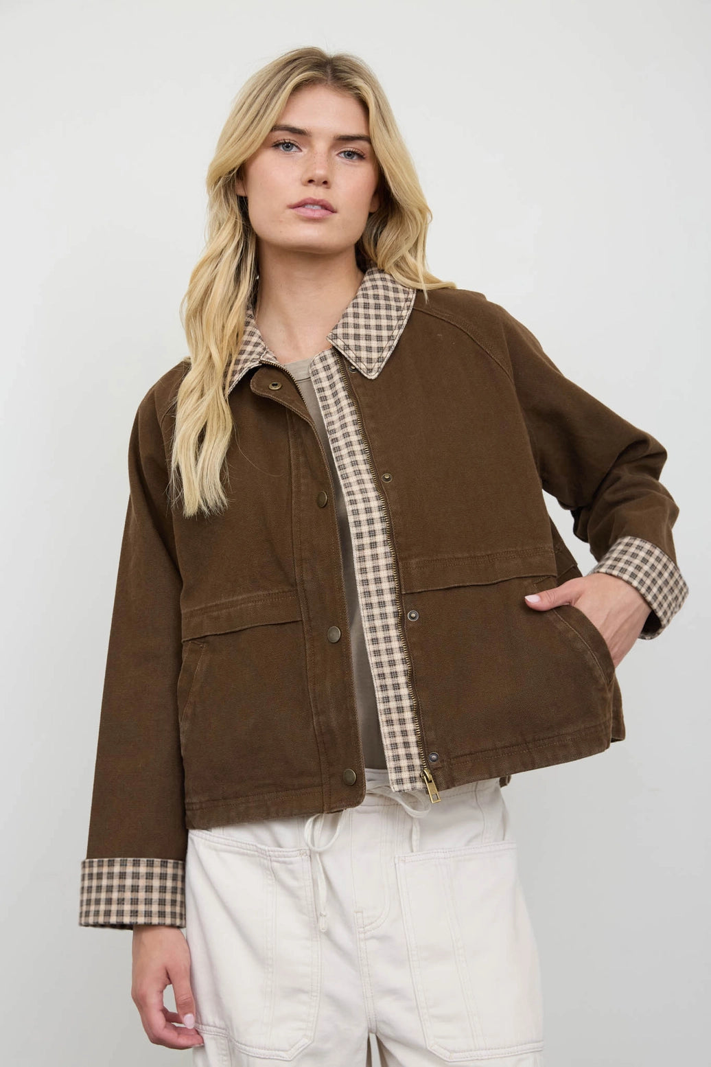 Blu Pepper Gingham Collar Contrast Button Jacket