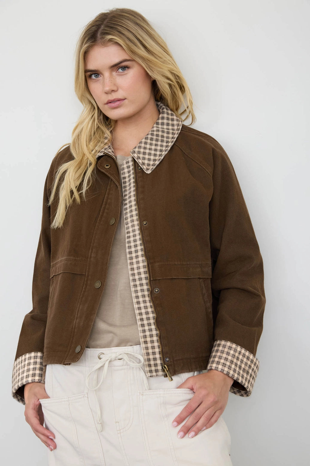 Blu Pepper Gingham Collar Contrast Button Jacket