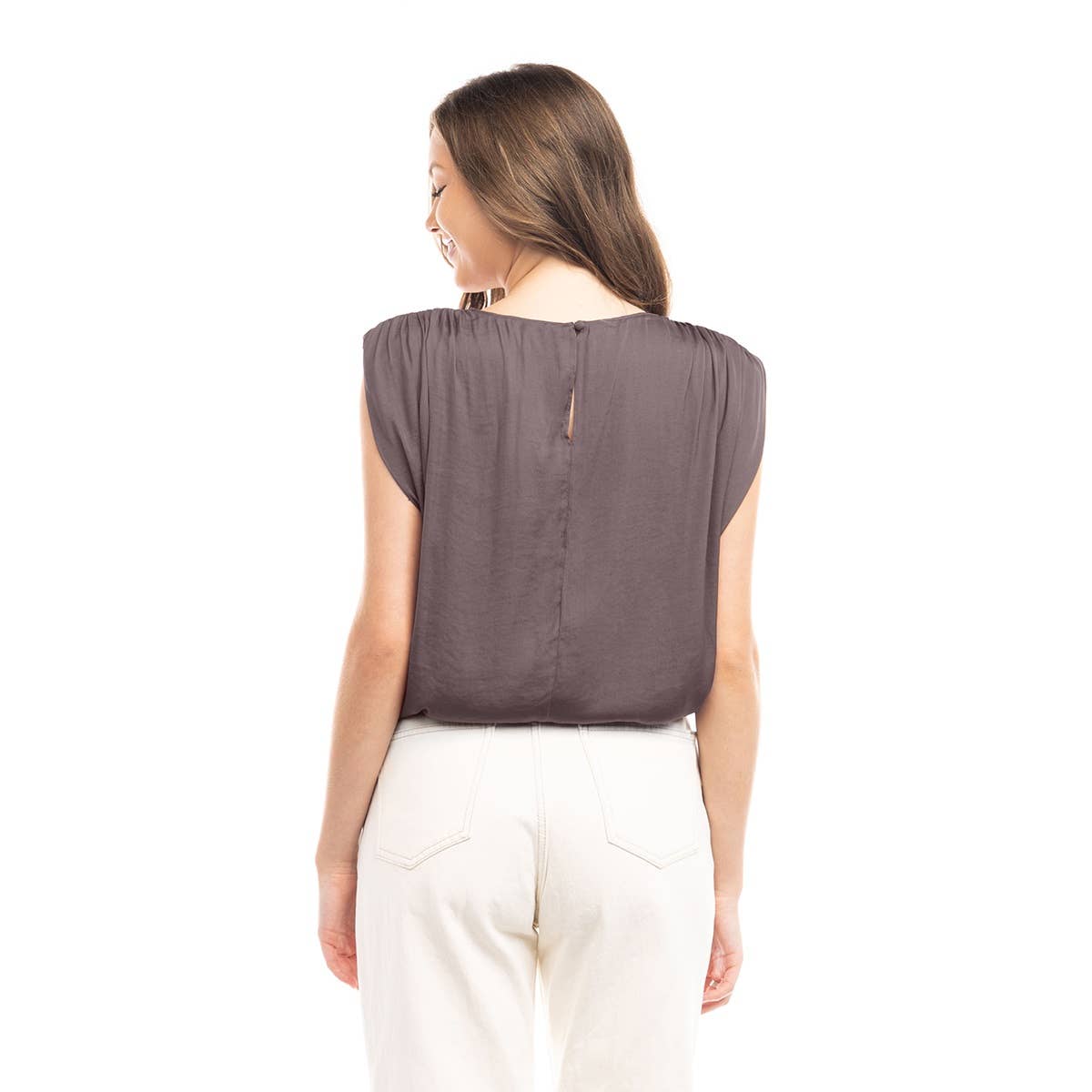 Sleeveless Shirred Shoulder Boat Neck Top